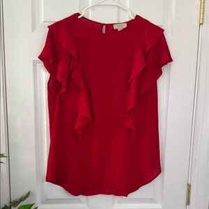 LOFT Red Ruffled Blouse with Short Sleeves